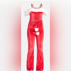 No Boundaries Christmas Santa Off-The-Shoulder Jumpsuit with Faux Fur Trim